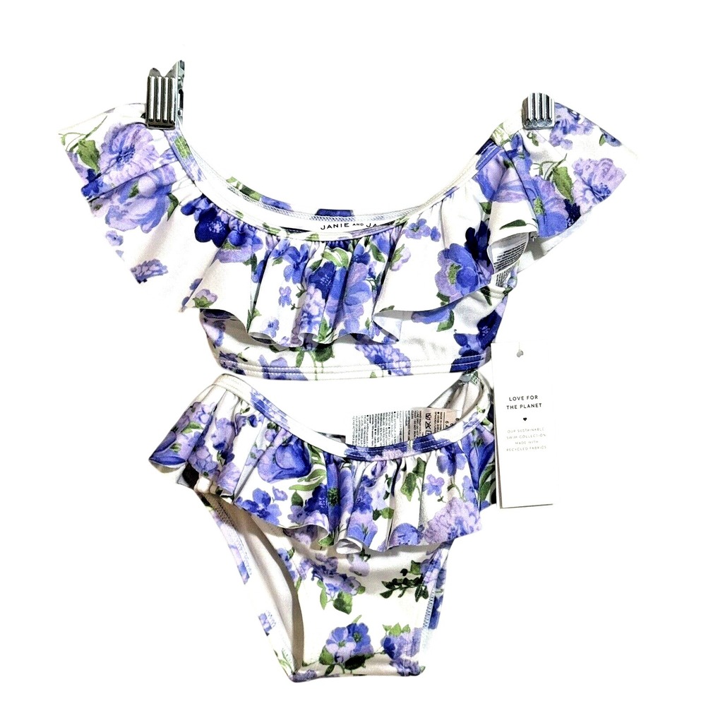 Janie and Jack Baby Girl Purple Floral Ruffle Two Piece Swimsuit 6-12 Months NEW